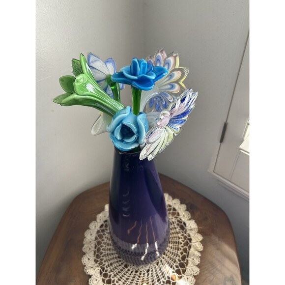 Bouquet Of Murano Hand Blown Long Stem Glass Flowers In A Purple Glass Vase - Picture 6 of 11